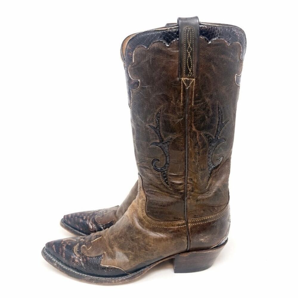 Lucchese Classics Handmade Brown Exotic Leather Overlay Cowboy Boots